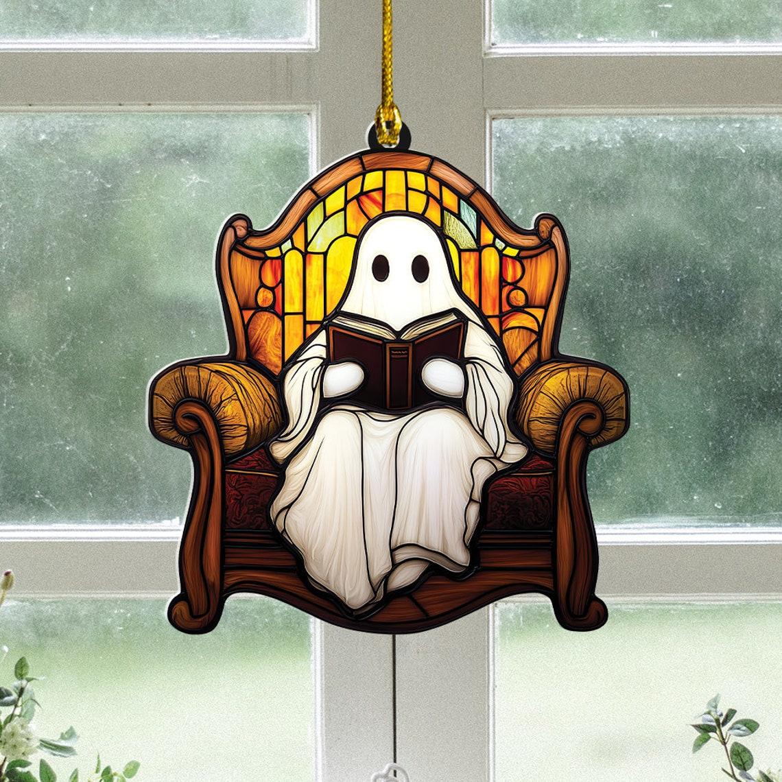 Halloween Ghost Reading Books Suncatcher, Ghost Read Book on The Chair Ornament