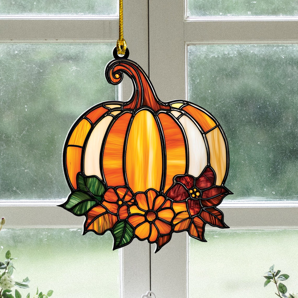 Pumpkin and Flower Suncatcher Ornament, Halloween Pumpkin Floral Decor