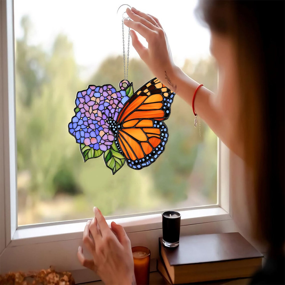 Hydrangea Butterfly Hanging Suncatcher, Monarch Butterfly Flower Acrylic Window Hanging Decor