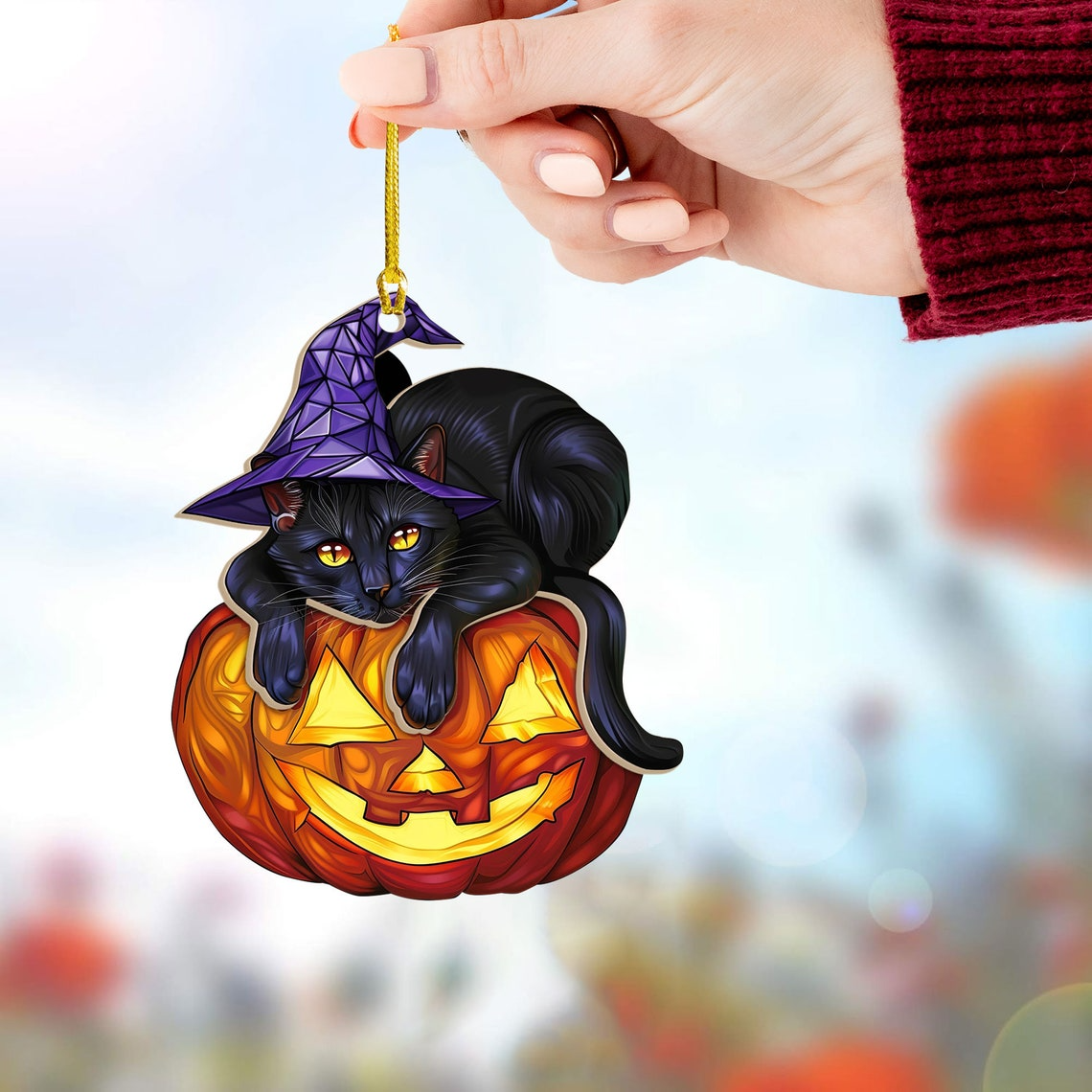 Cat Witchy Lying on the Pumpkin Halloween Hanging Suncatcher, Cat Hanging Ornament Halloween Decor