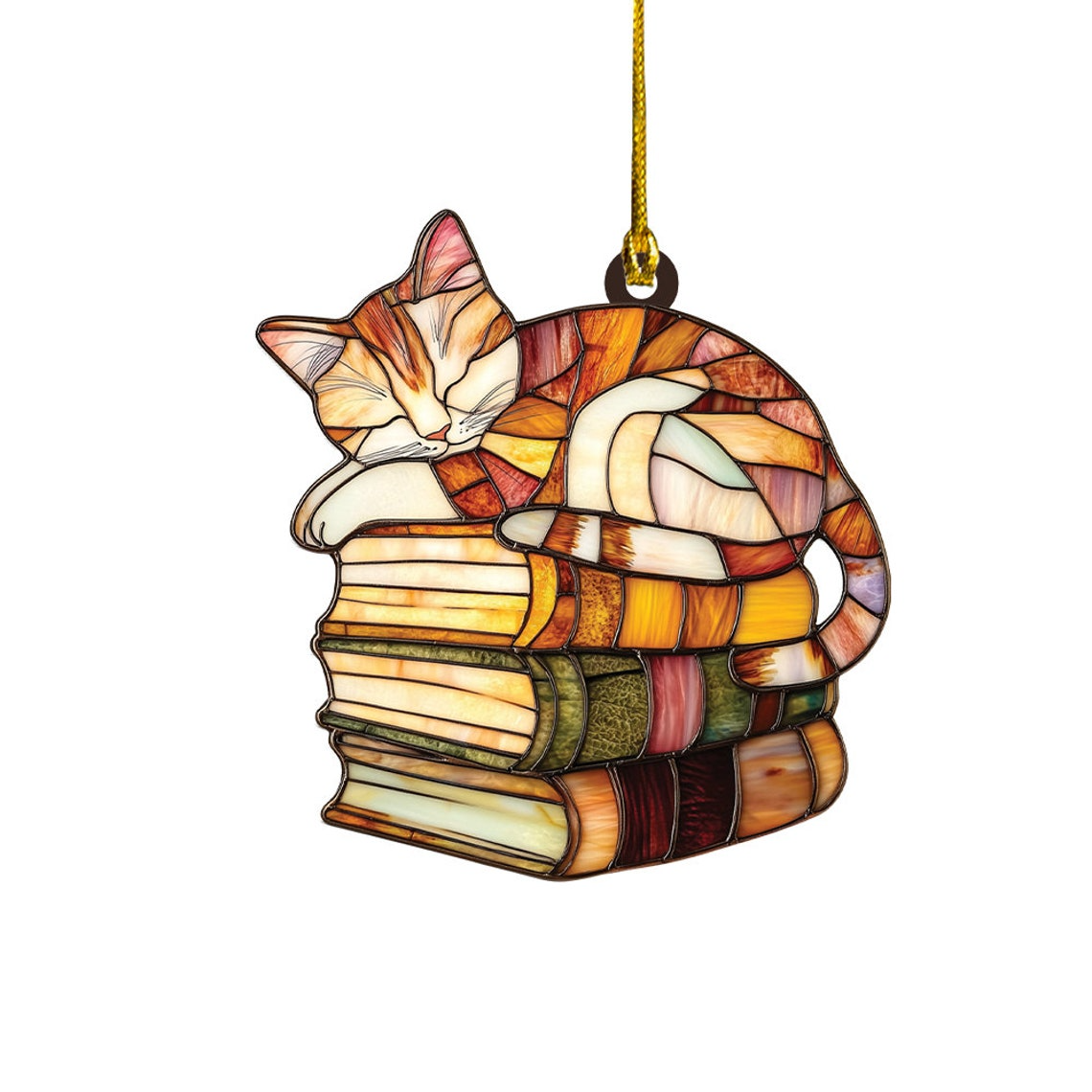 Cat Sleeping on Books Window Hanging Suncatcher, Cute Cat and Books Hanging Decor Gift