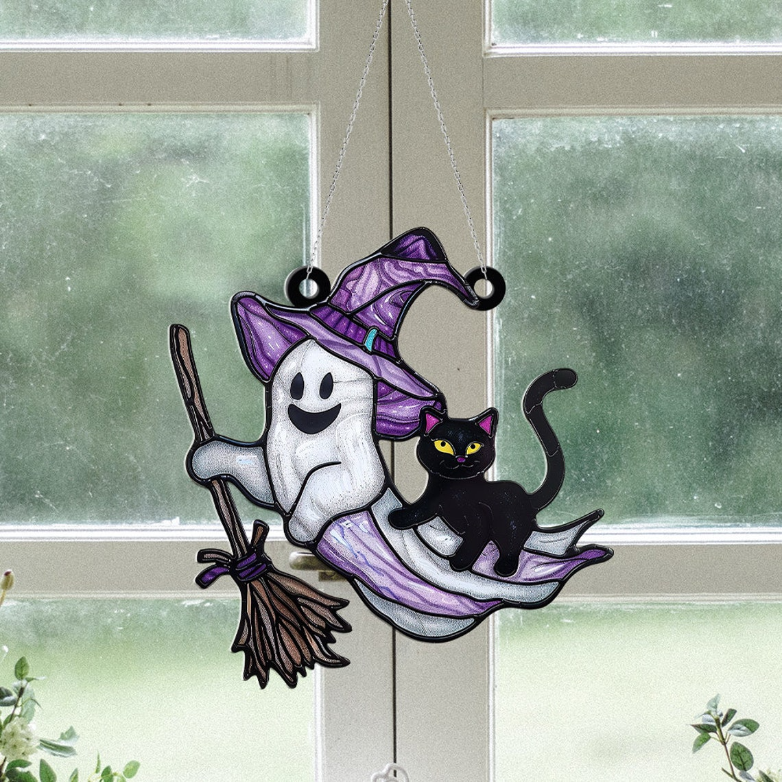 Ghost Witchy and Cat Ghost Halloween Suncatcher, Halloween Ghost Cat Hanging Ornament