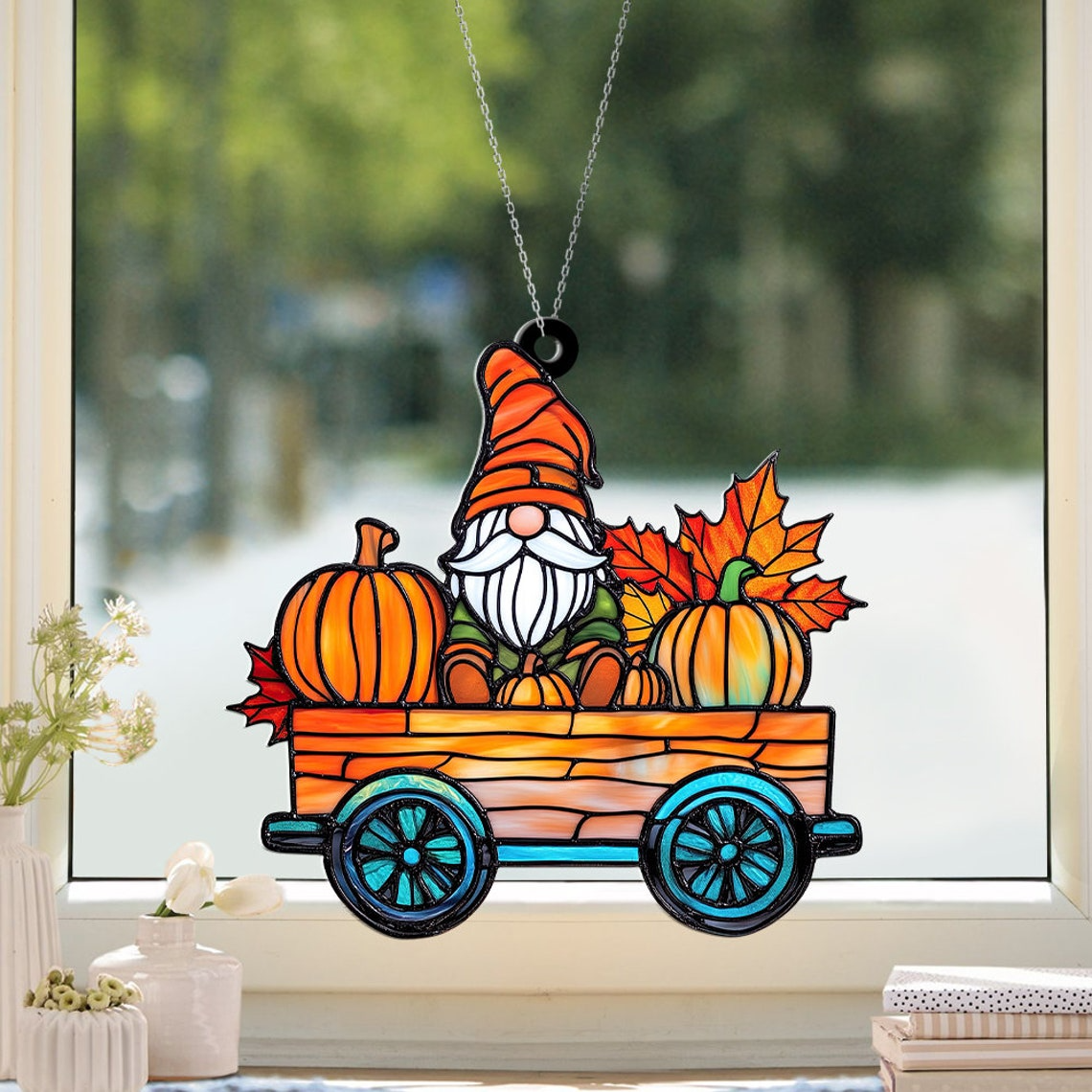 Gnomes on Pumpkin Cart Autumn Suncatcher, Gnome Autumn Thanksgiving Suncatcher Ornament Decor