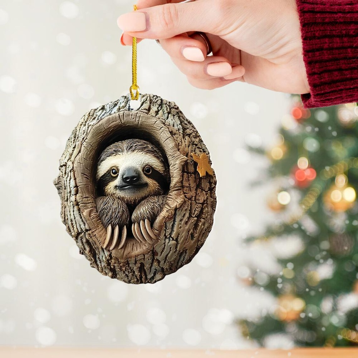 Sloth in a Hollow Tree Christmas Ornament, Sloth Christmas Ornament Decor Home