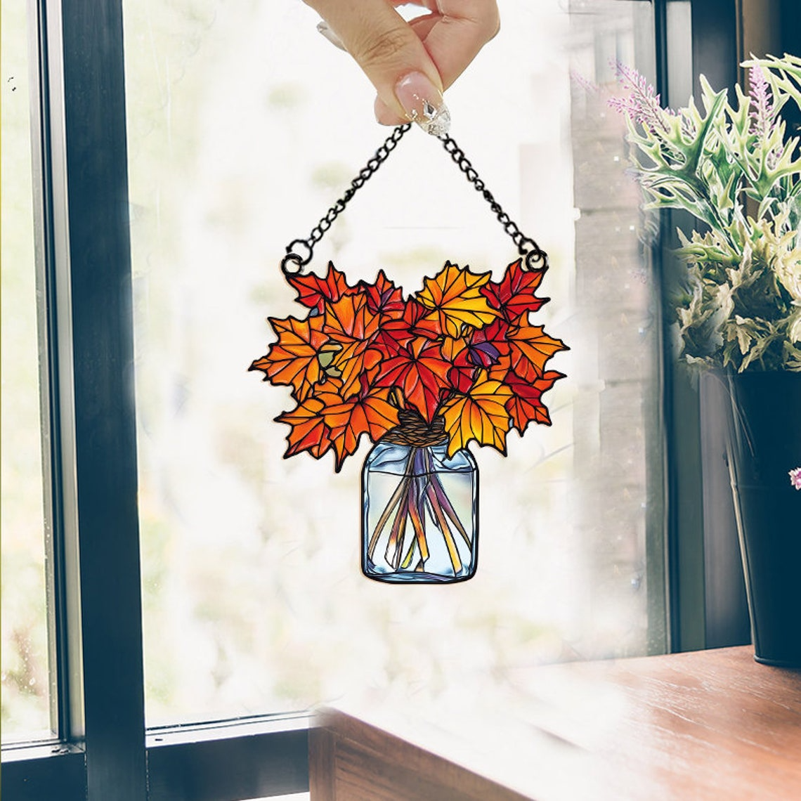 Maple Leaves Autumn in Mason Jar Suncatcher, Maple Leaves Hanging Ornament