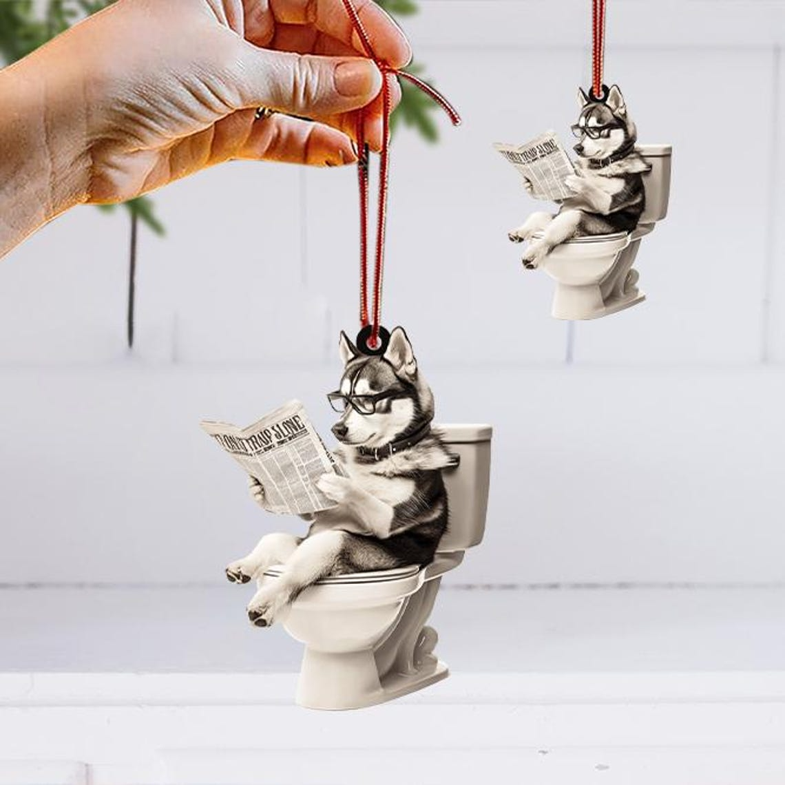 Siberian Husky Dog Sitting On Toilet Ornament, Husky Dog Reading Newspaper Ornament Christmas Gift