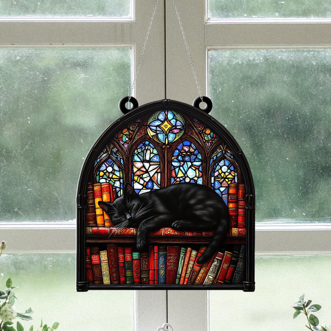 Cat Sleeping on Books Ornament Suncatcher, Pet Lovers Hanging Ornament Decor