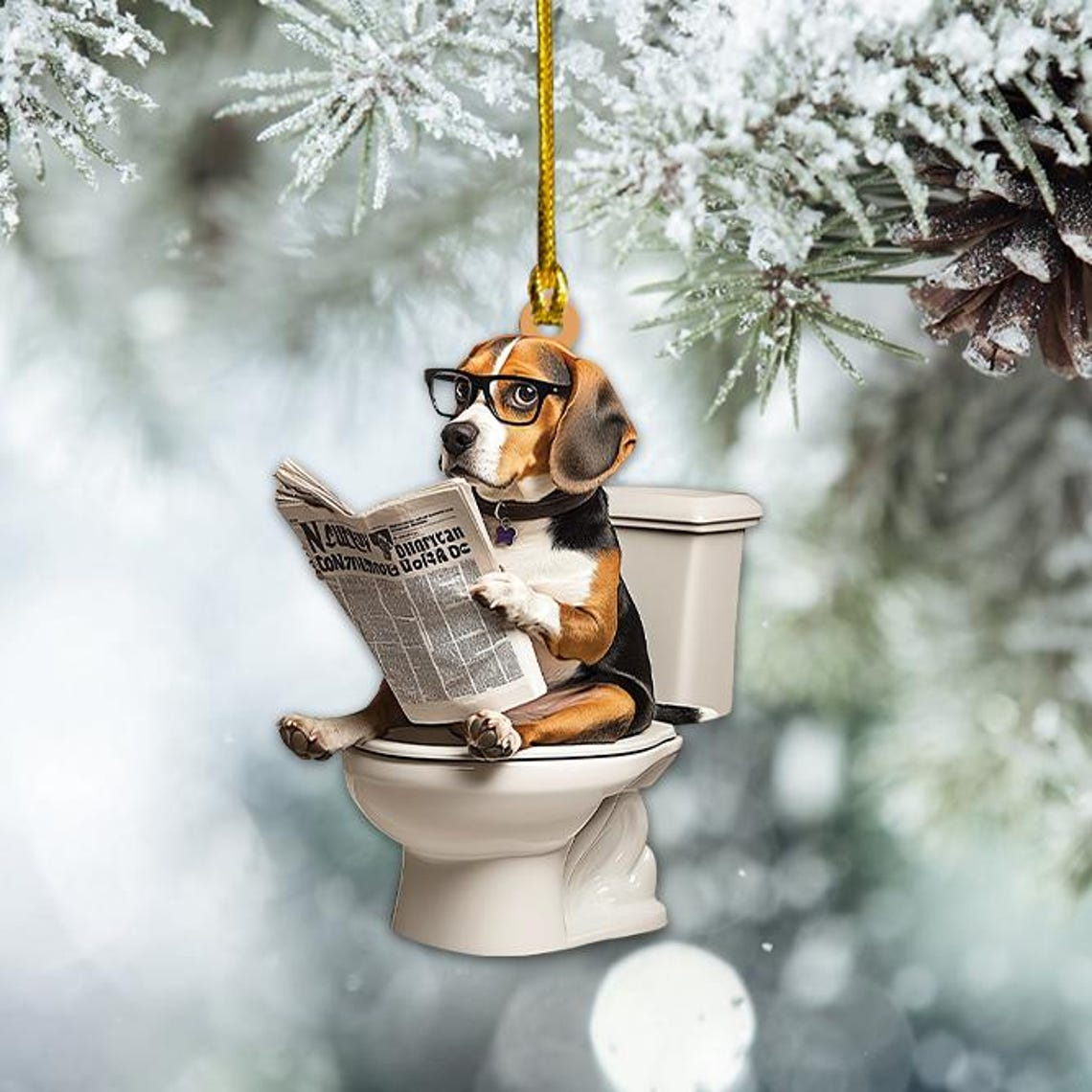 Funny Beagle Dog Sitting On Toilet Ornament, Beagle Dog Reading Newspaper Ornament