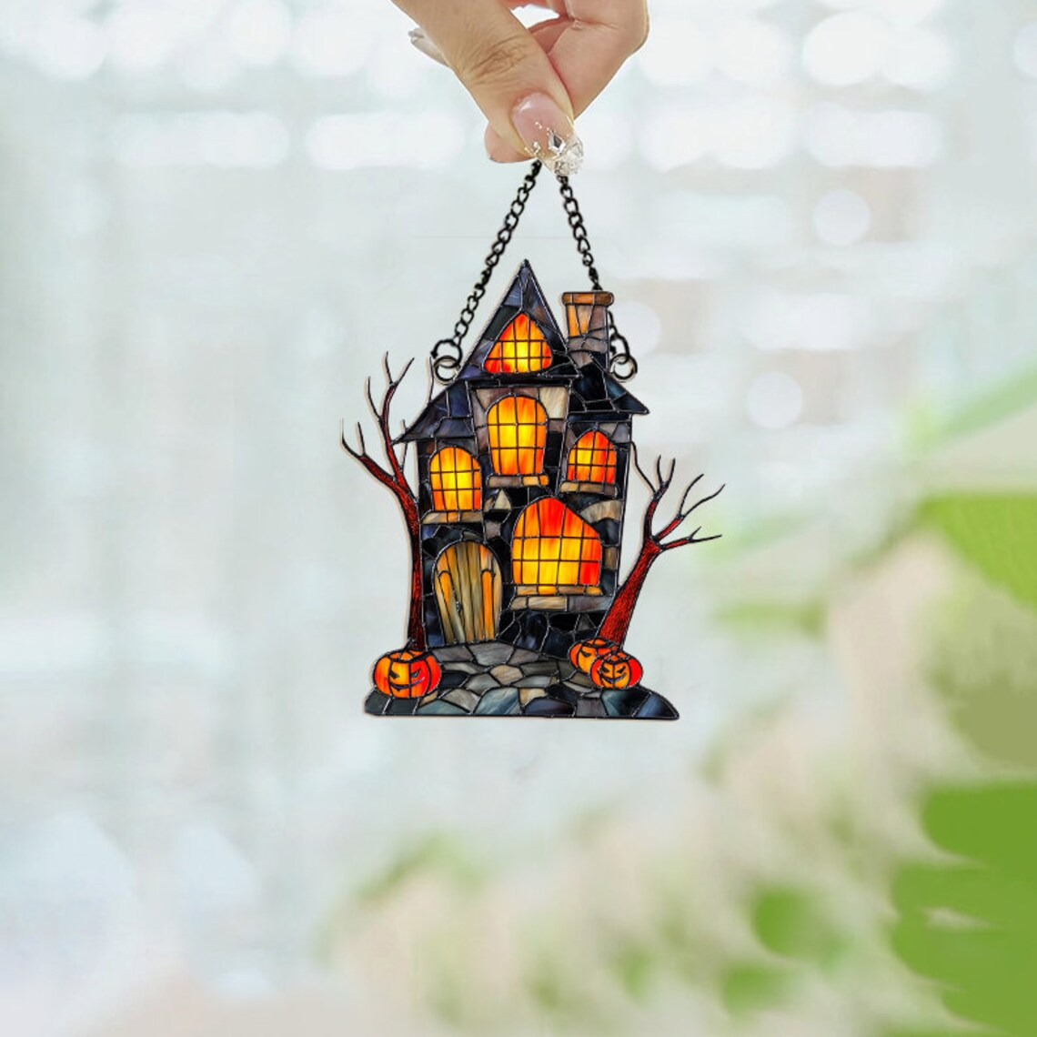 Spooky Haunted House Hanging Suncatcher, Halloween Suncatcher Ornament