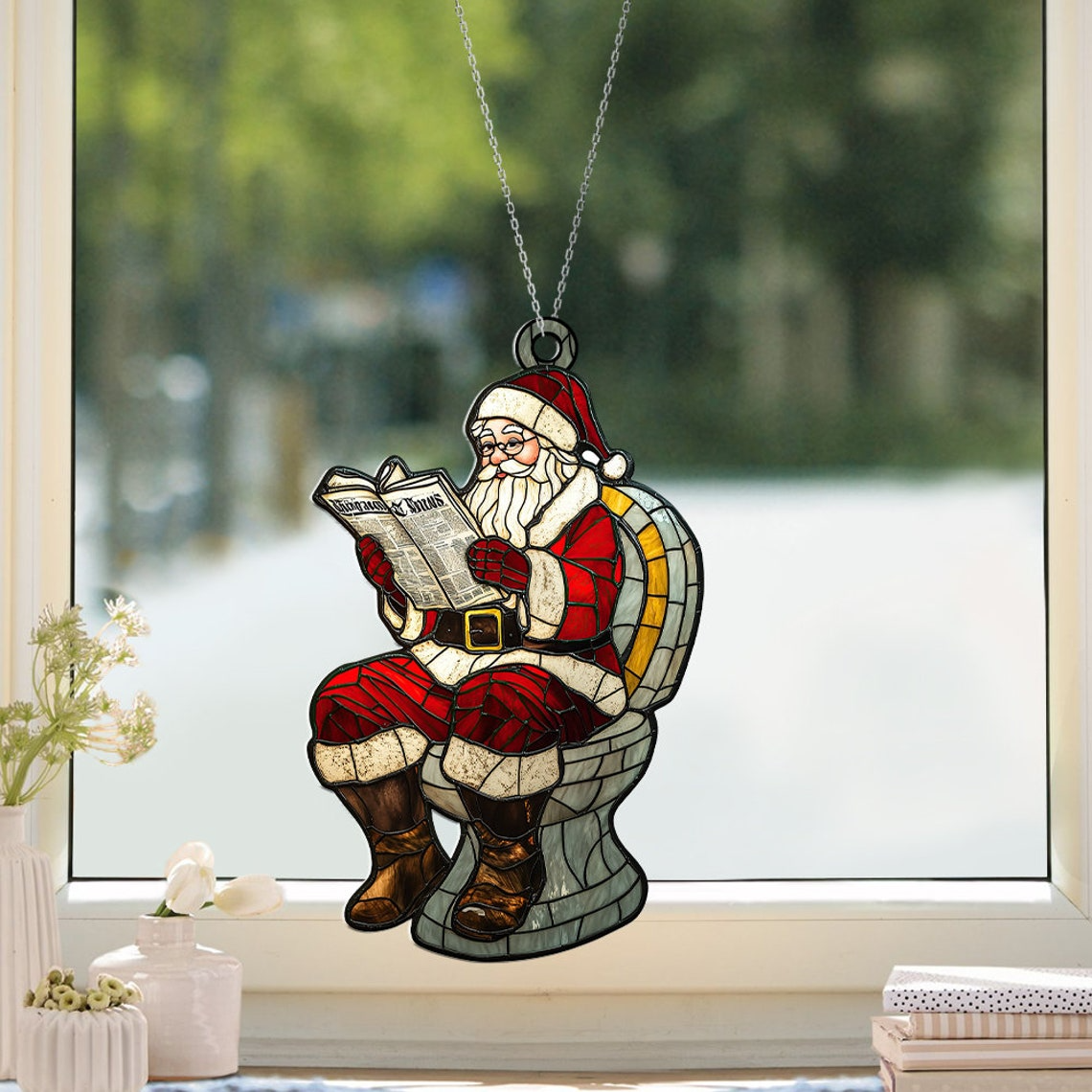 Funny Santa Claus in Bathroom Christmas Suncatcher, Santa Claus in Toilet Hanging Ornament