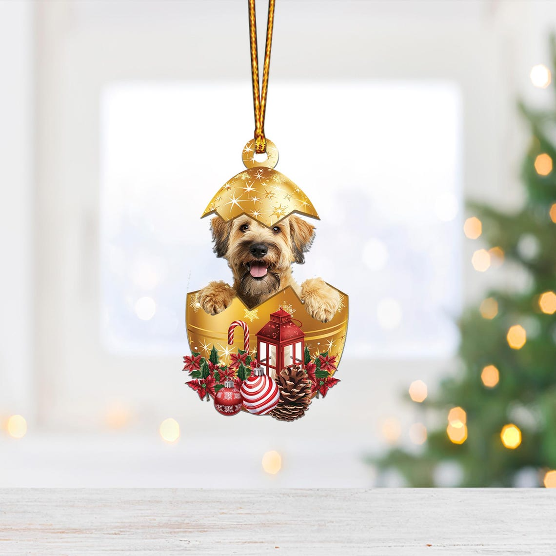 Christmas Wheaten Terrier In in Golden Egg Ornament, Cute Dog Christmas Hanging Ornament