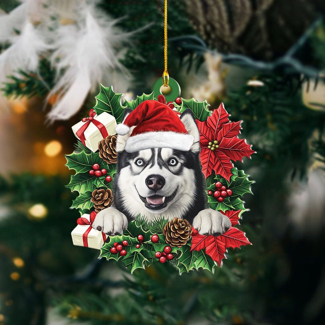 Dog Hanging Christmas Wreath Ornament, Siberian Husky Dog Christmas Ornament Decor Gift