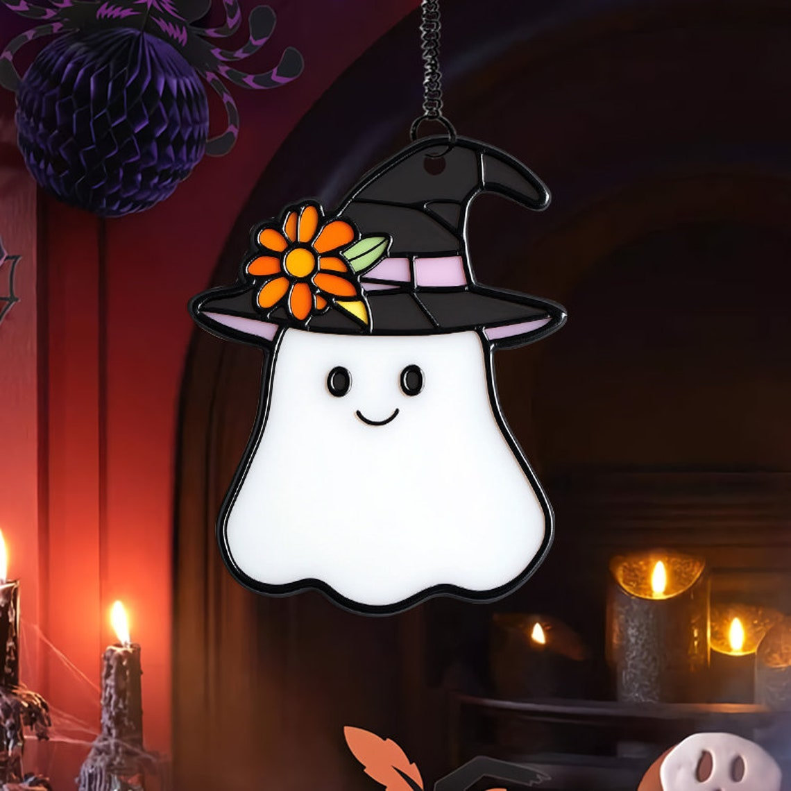 Cute Ghost With Floral Witch Hat Black Suncatcher, Cute Ghost Window Hanging Decor