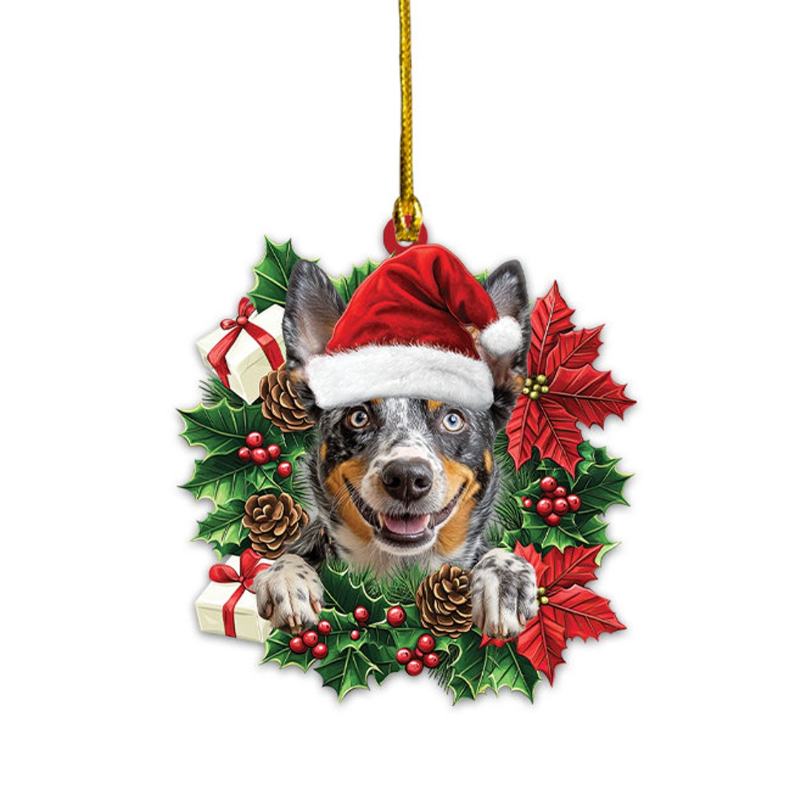 Heeler Dog Christmas Wreath Ornament, Christmas Ornament Heeler Dog Lovers Holiday Gift