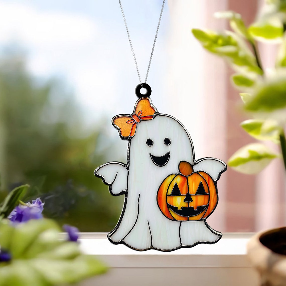 Cute Ghost And Bow Pumpkin Halloween Suncatcher, Cute Ghost Hanging Decor Home