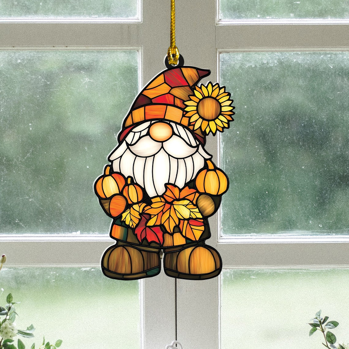 Gnome Autumn Suncatcher, Gnome Pumpkin Hanging Ornament