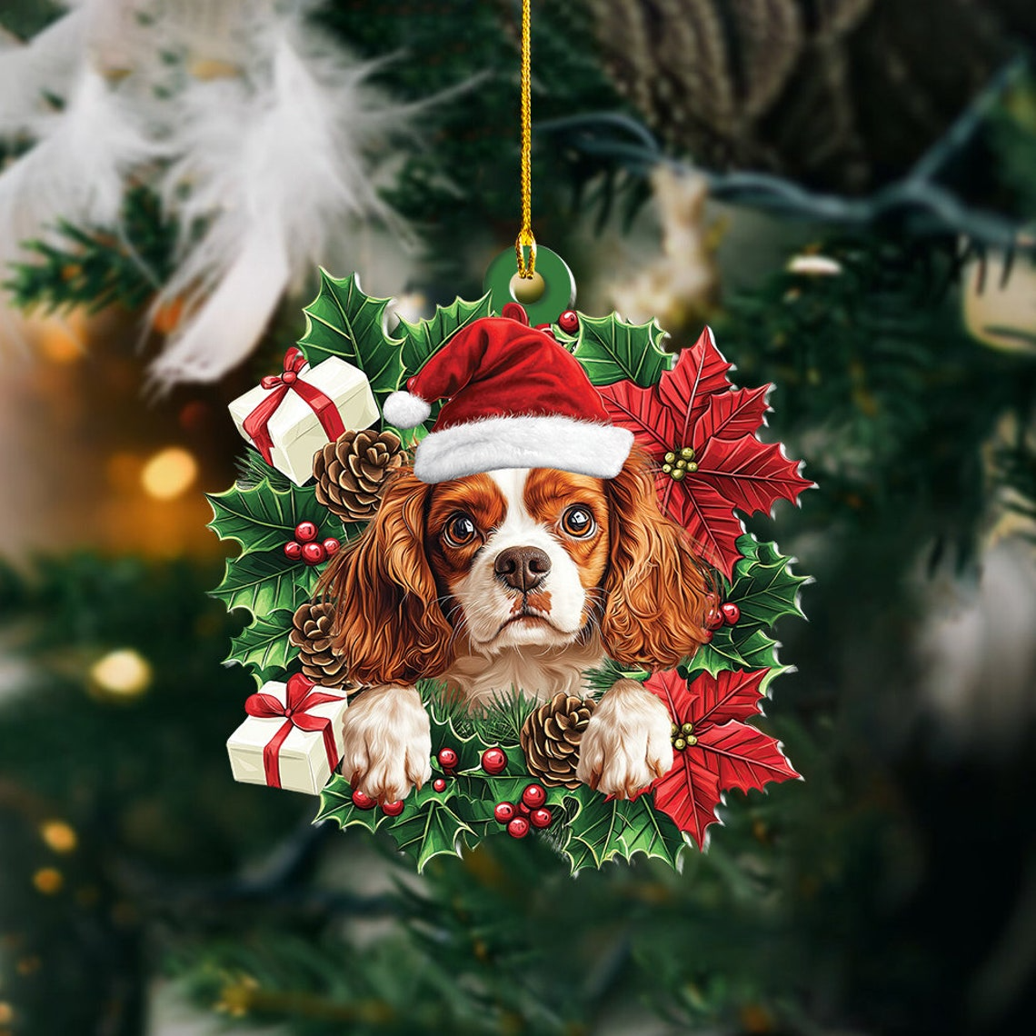 Cavalier King Charles Spaniel Dog Christmas Wreath Ornament, Cavaliers Dog Car Hanging Christmas Decor Ornament