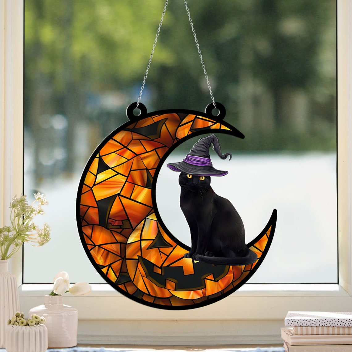 Cat Halloween Moon Window Hanging Suncatcher, Halloween Cat Pumpkin Ornament