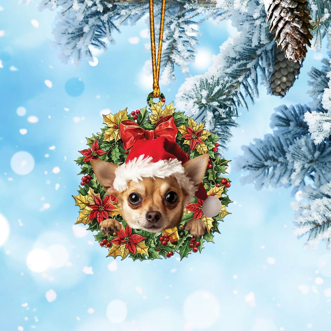 Chihuahua Dog and Christmas Wreath Ornament, Christmas Dog Hanging Ornament Decor Gift