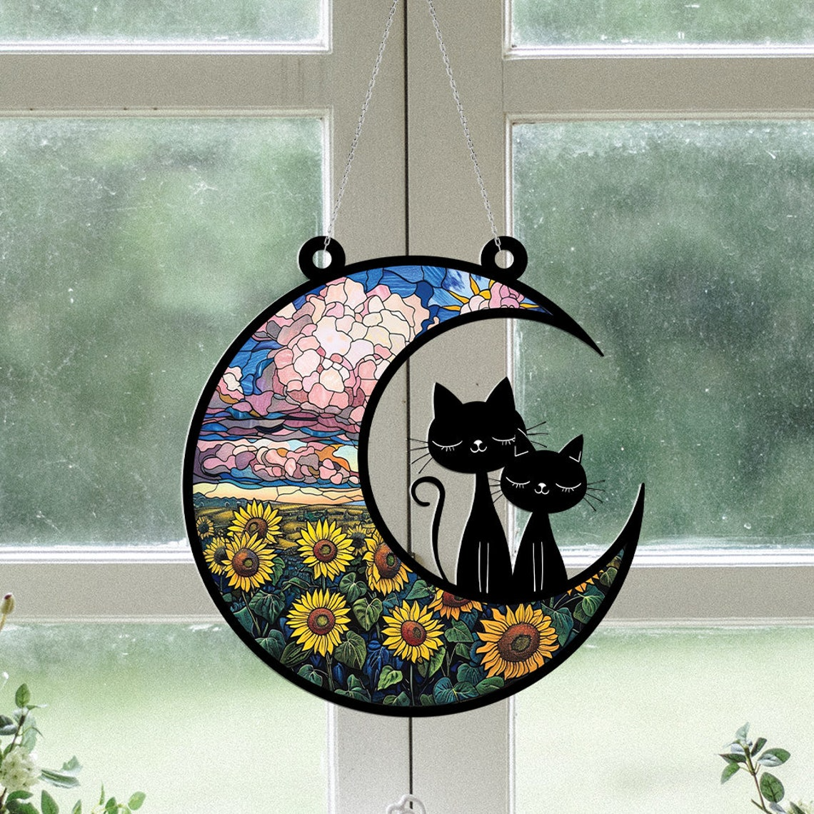 Cat Couple on the Moon Suncatcher, Cat Couple Window Hanging Decor Ornament