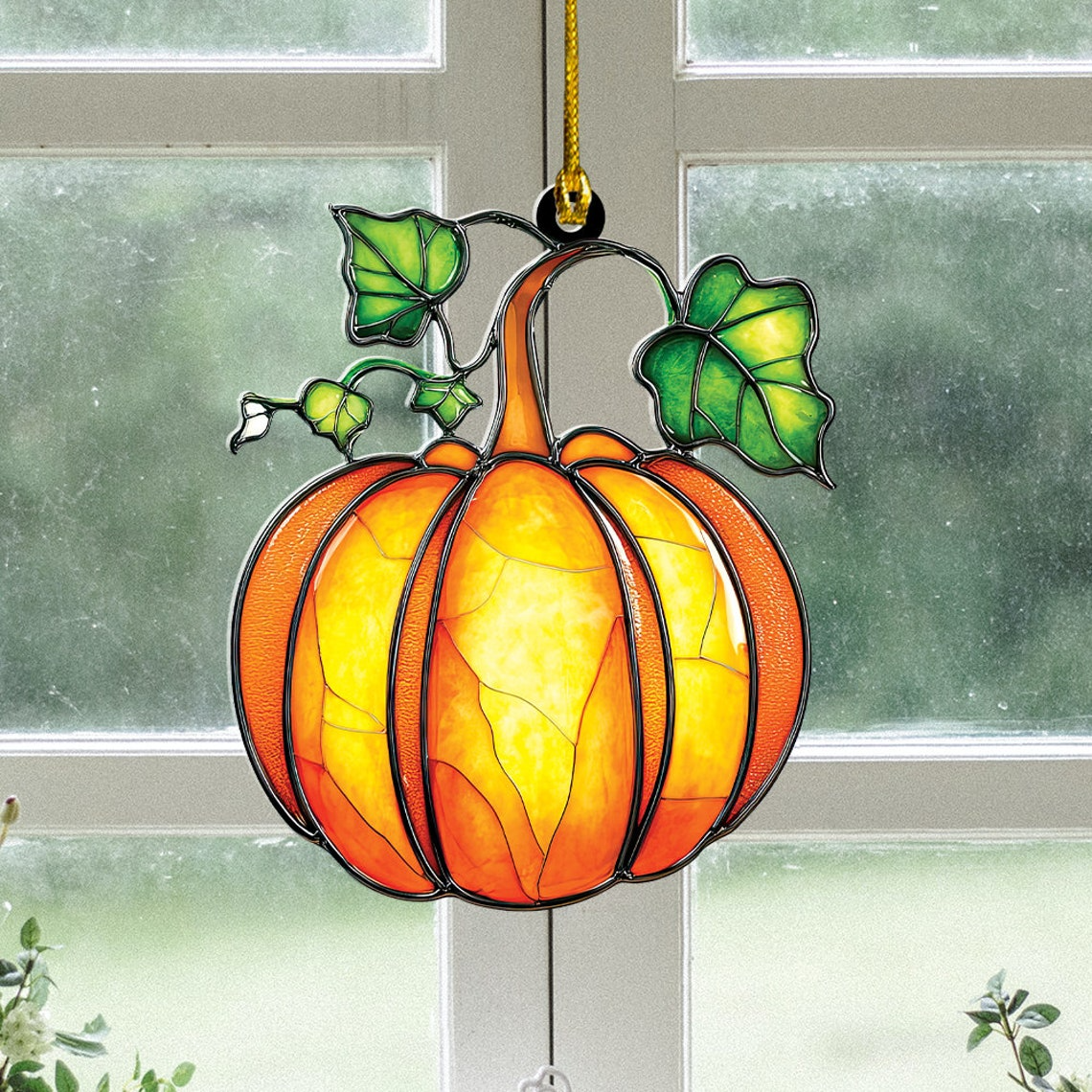 Pumpkin Leaf Green Suncatcher Ornament, Halloween Pumpkin Home Decor