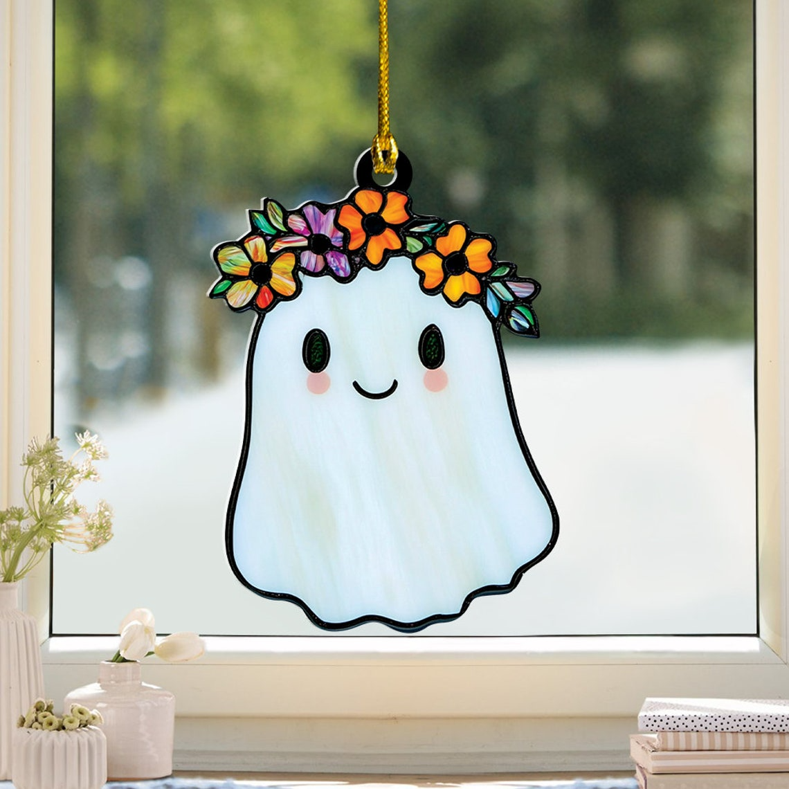 Cute Ghost Girly With Crown Halloween Suncatcher, Cute Ghost Hanging Decor Gift