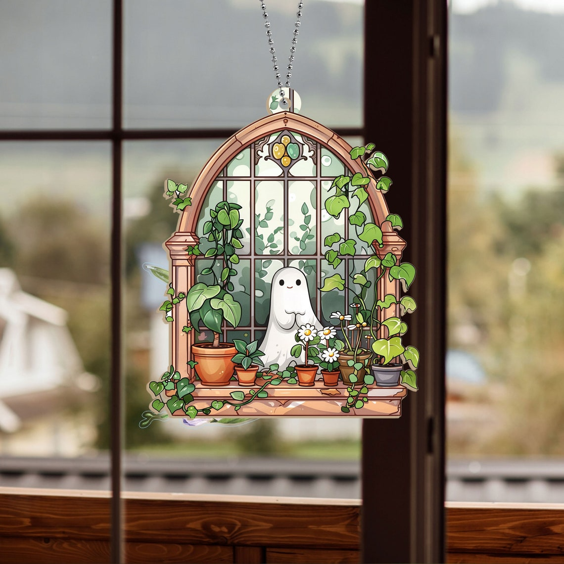 Ghost at Greenhouse Scene Suncatcher, Cute Ghost Window Hanging Decor