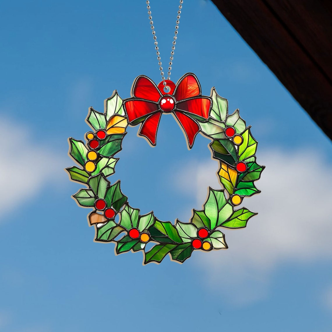 Christmas Wreath Suncatcher Ornament, Christmas Wreath Window Suncatcher Decor Gift