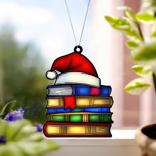 Books and Hat Santa Christmas Ornament, Reading Room Hanging Window Ornament