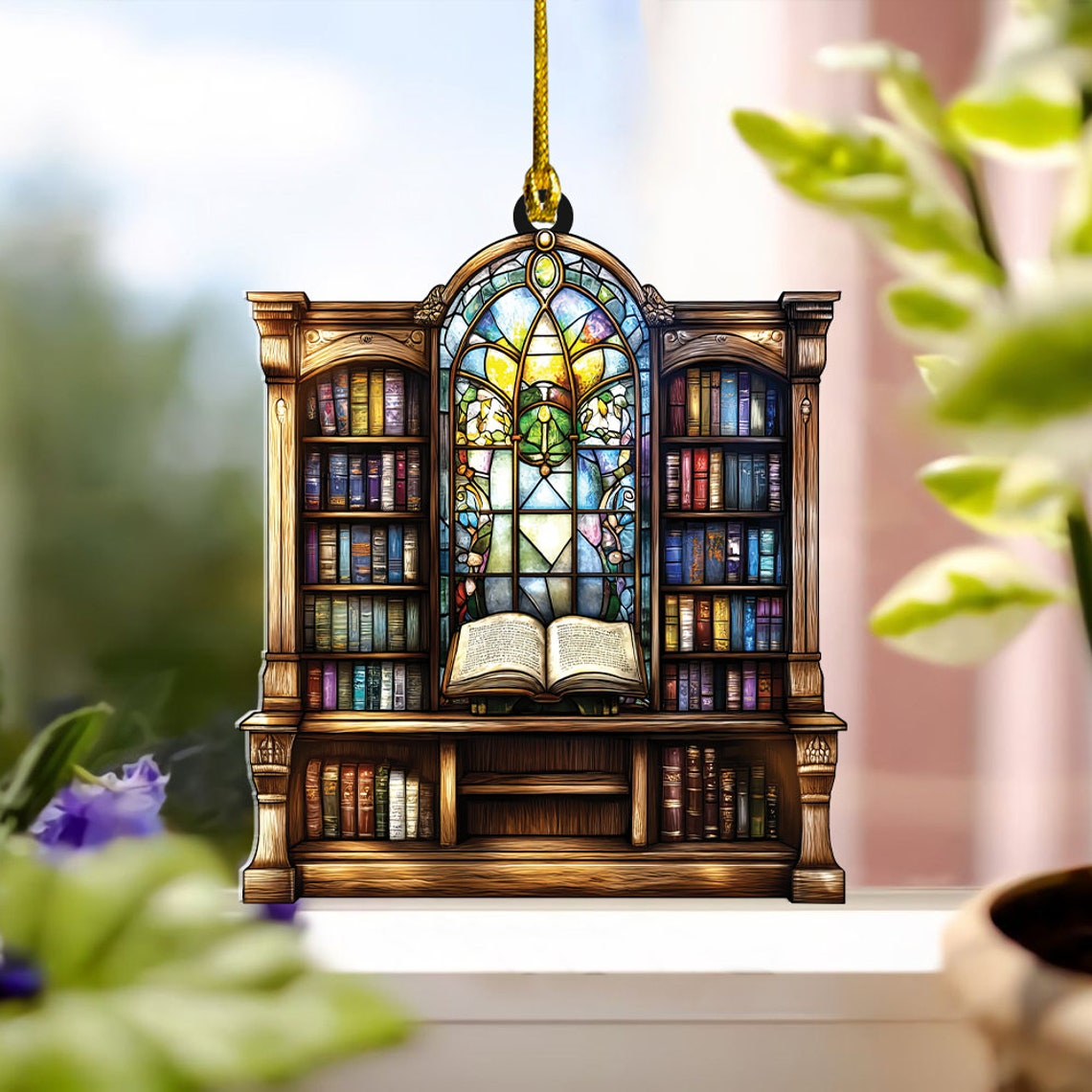 Library Hanging Suncatcher Ornament, Bookshelf Suncatcher Ornament