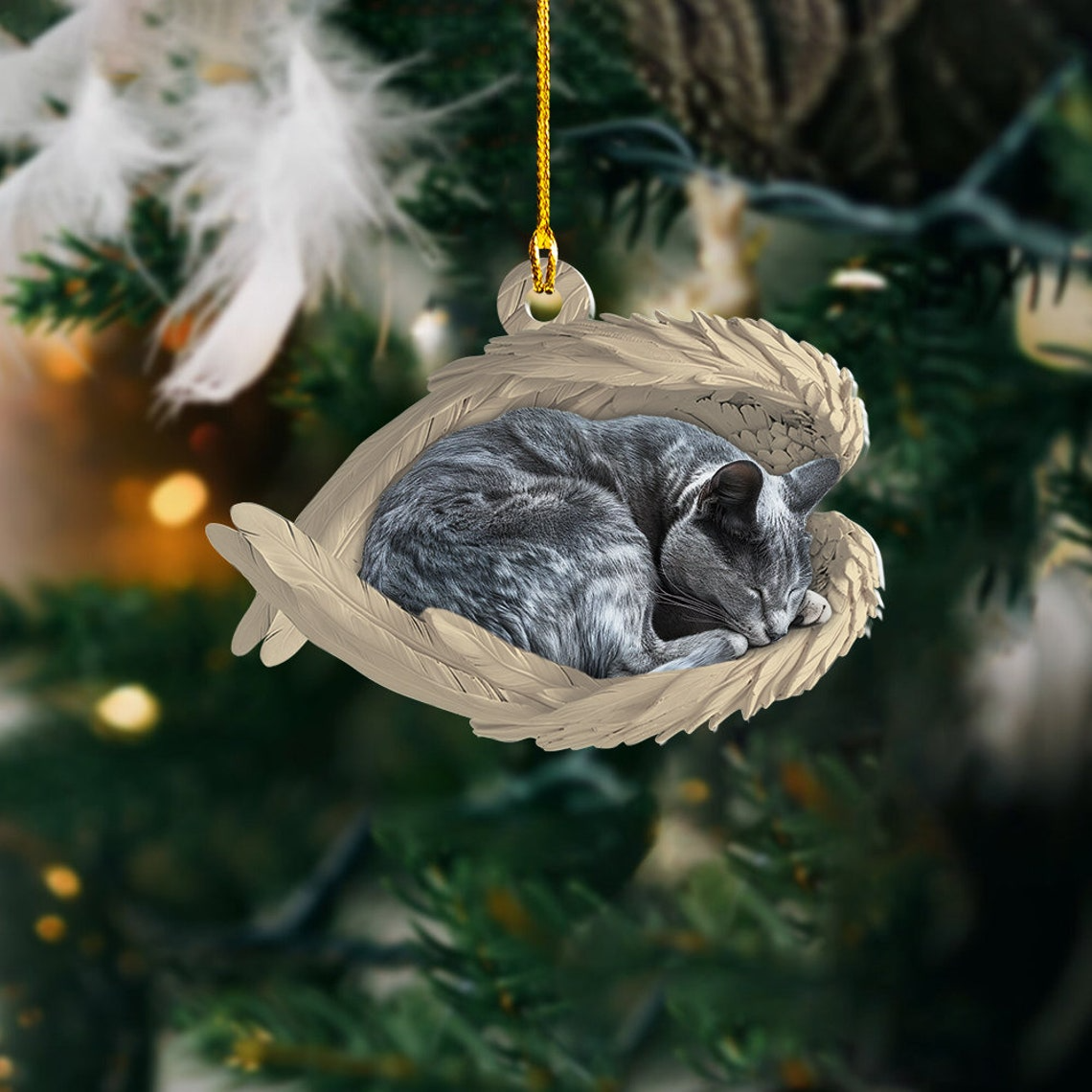 Russian Blue Cat Sleeping Angel Ornament, Christmas Blue Cat Angel Wings Ornament Decor Gift