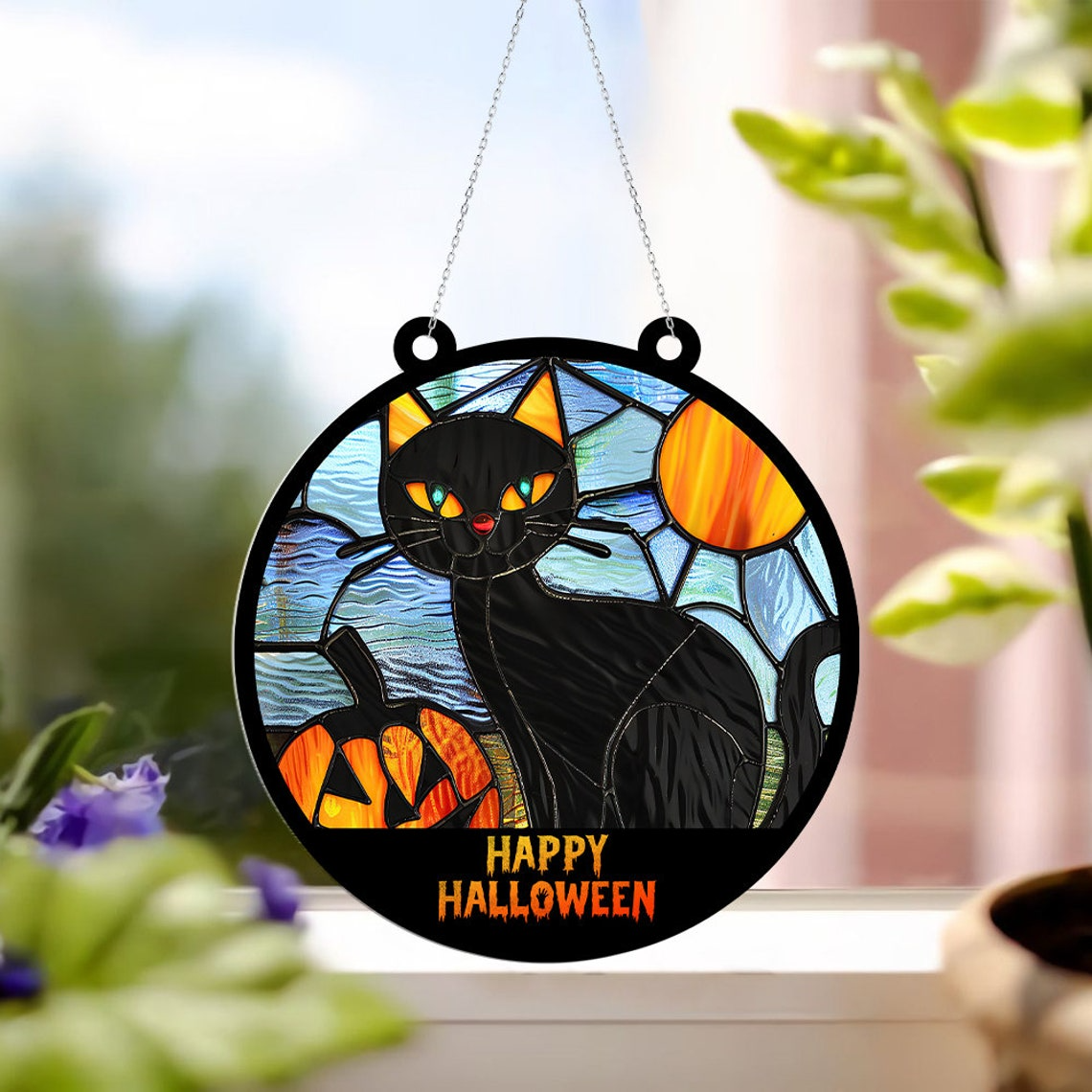 Black Cat Hanging Windows Halloween Suncatcher Ornament, Happy Halloween Black Cat Ornament