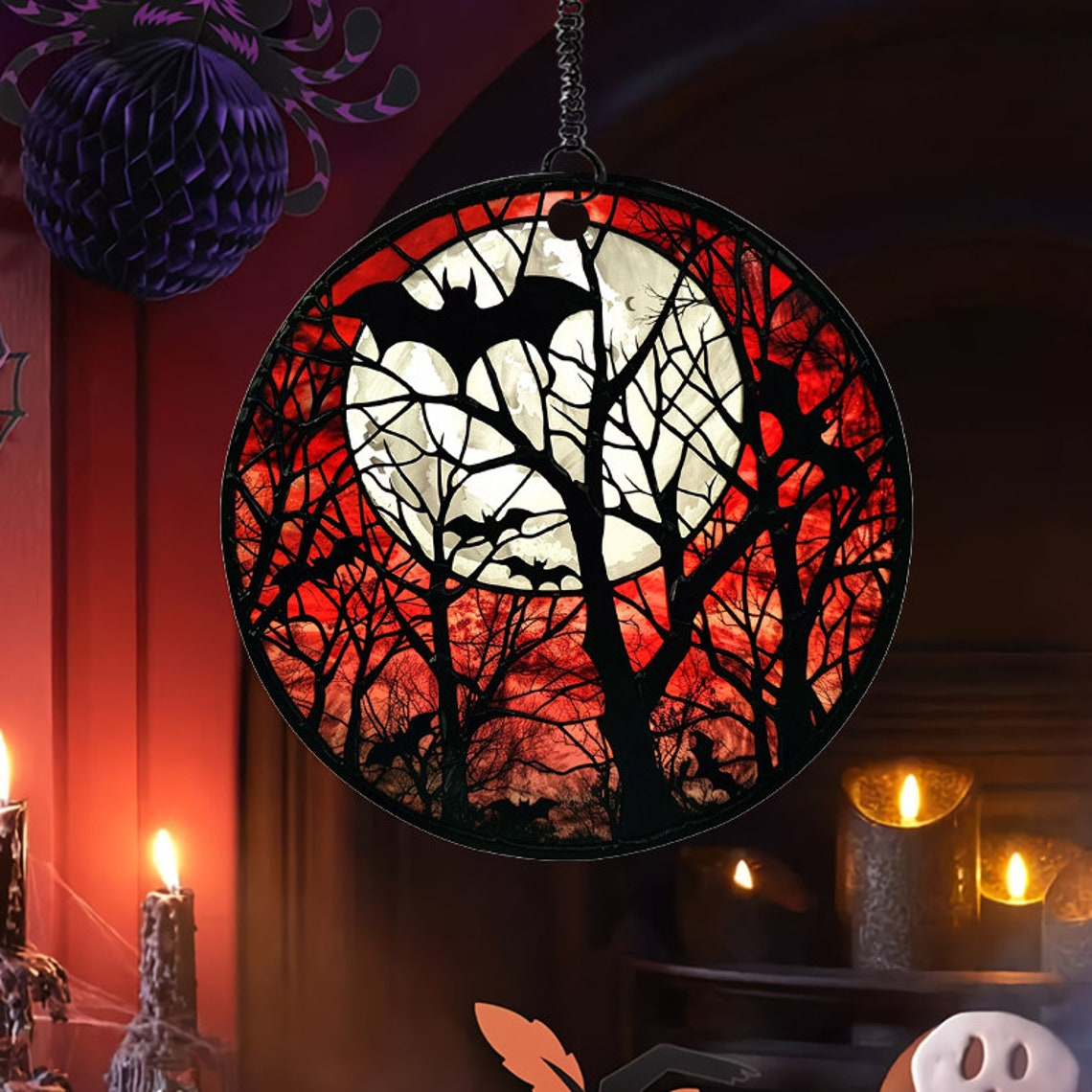 Red Sky With Bat And Moon Suncatcher, Halloween Window Hanging Ornament