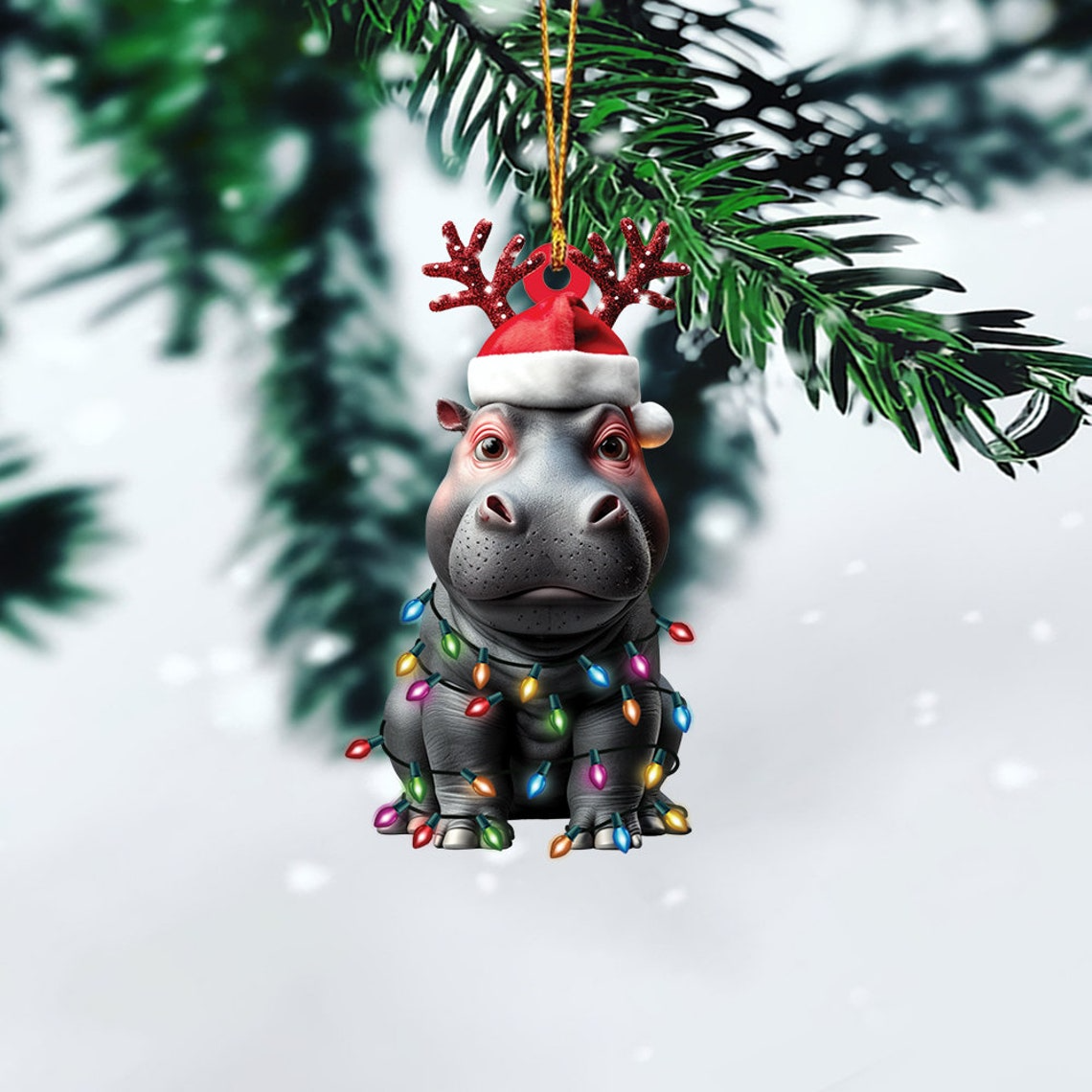 Cute Hippo Hanging Christmas Ornament, Hippo Flat Car Christmas Ornament Holiday Gift