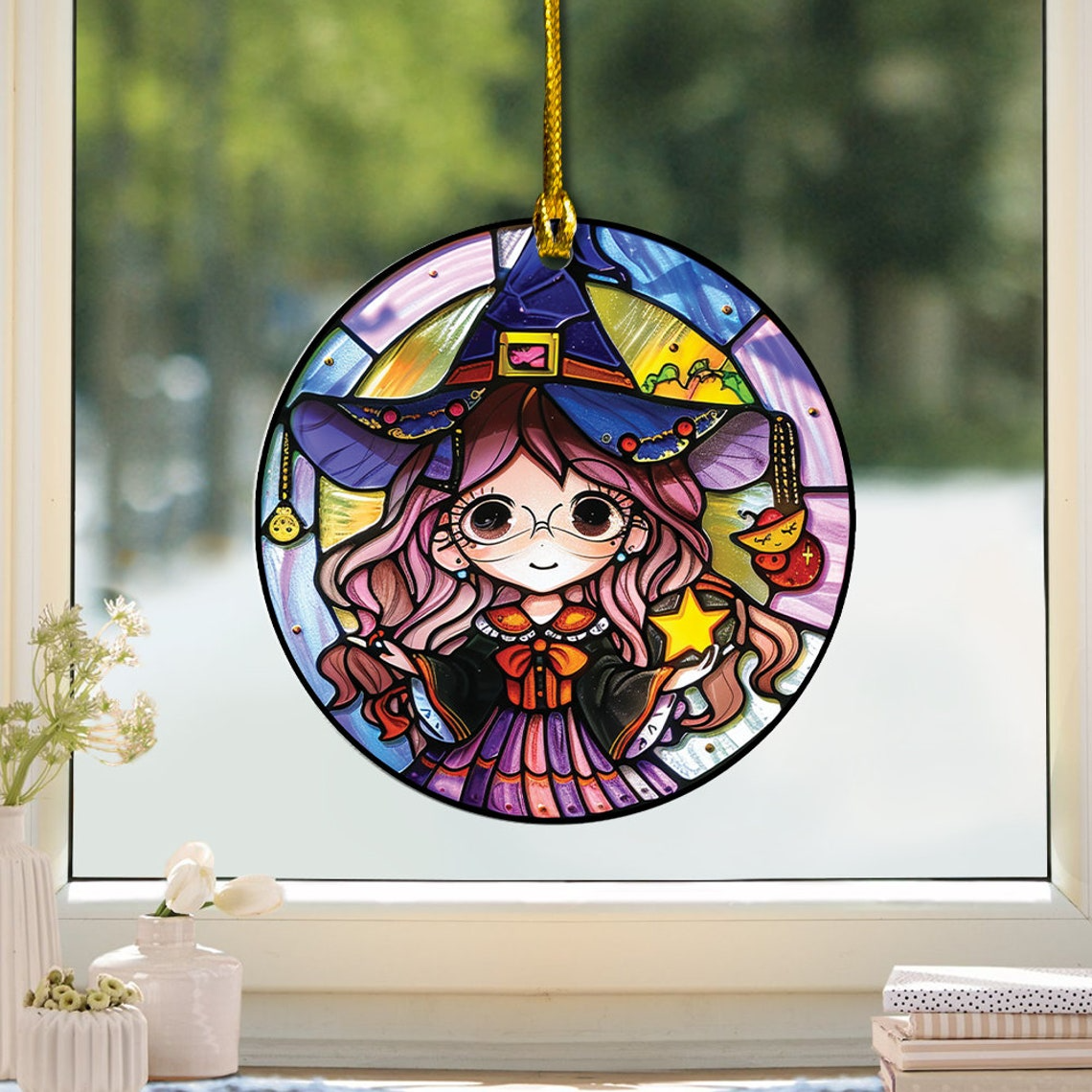 Cute Witch Girl Suncatcher Ornament, Halloween Cute Witch Home Decor Halloween Gift