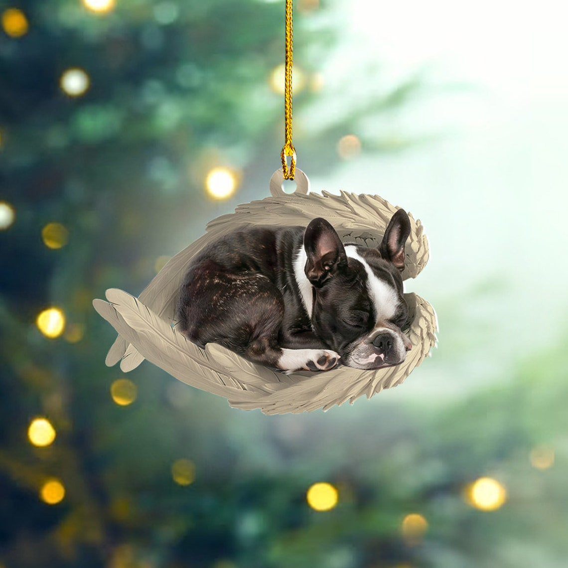 Boston Terrier Dog Angel Wings Ornament Gift, Cute Dog Sleeping Christmas Ornament Decor