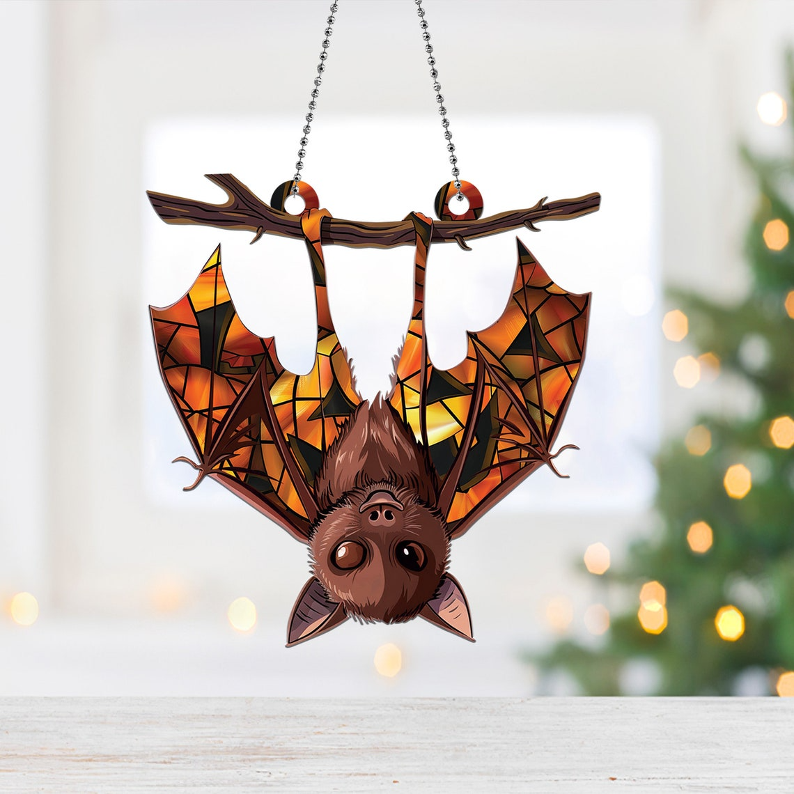 Halloween Upside Down Bat Hanging Suncatcher, Bat Hanging Ornament Suncatcher Decor