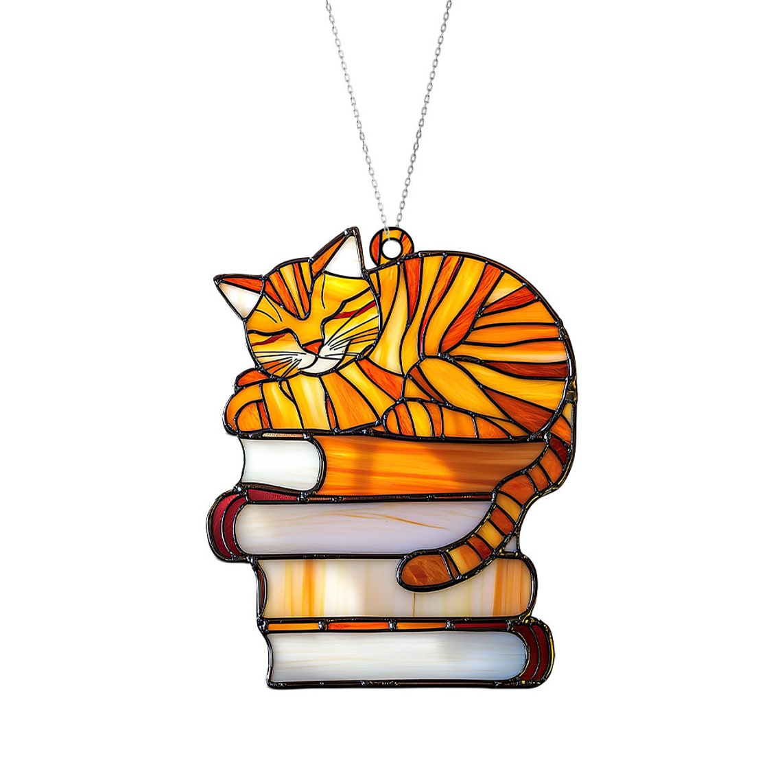 Cat Books Suncatcher Ornament, Cat Sleeping on Bookstack Suncatcher