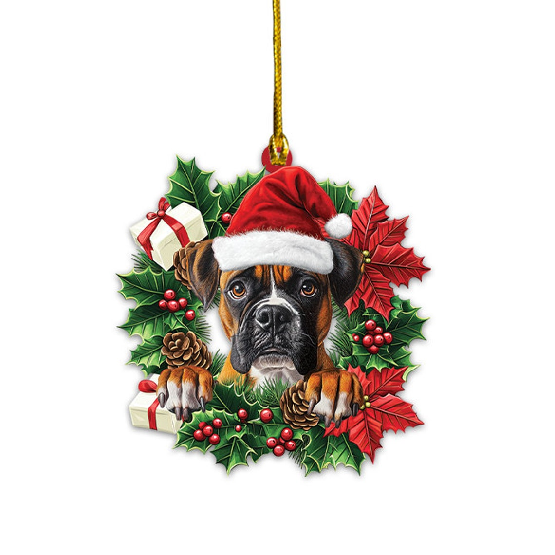 Boxer Dog Hanging Christmas Wreath Ornament, Boxer Dog Christmas Tree Ornament Decor Gift