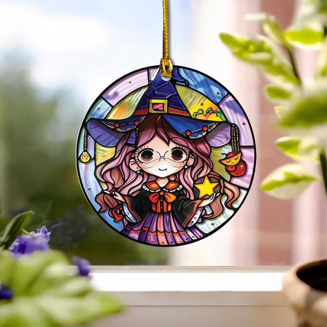 Cute Witch Girl Suncatcher Ornament, Halloween Cute Witch Home Decor Halloween Gift