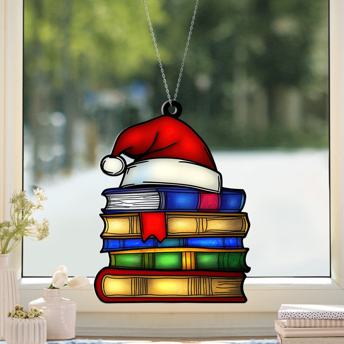 Books and Hat Santa Christmas Ornament, Reading Room Hanging Window Ornament