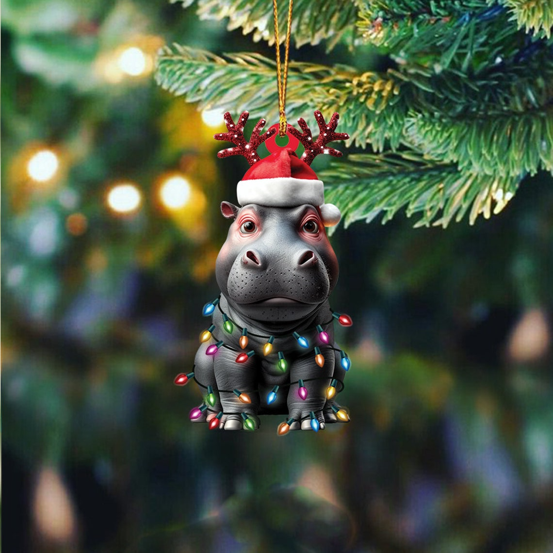 Cute Hippo Hanging Christmas Ornament, Hippo Flat Car Christmas Ornament Holiday Gift