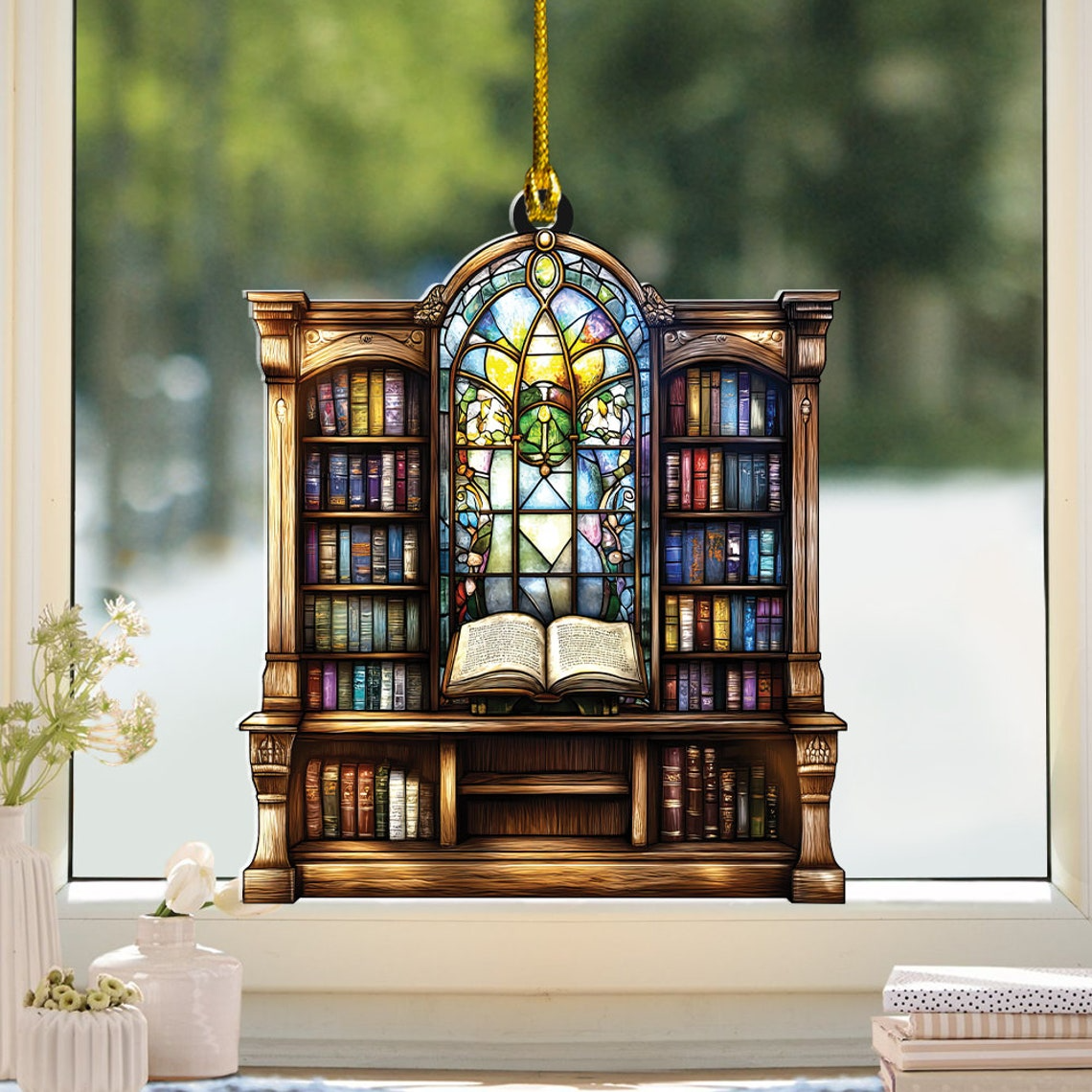 Library Hanging Suncatcher Ornament, Bookshelf Suncatcher Ornament