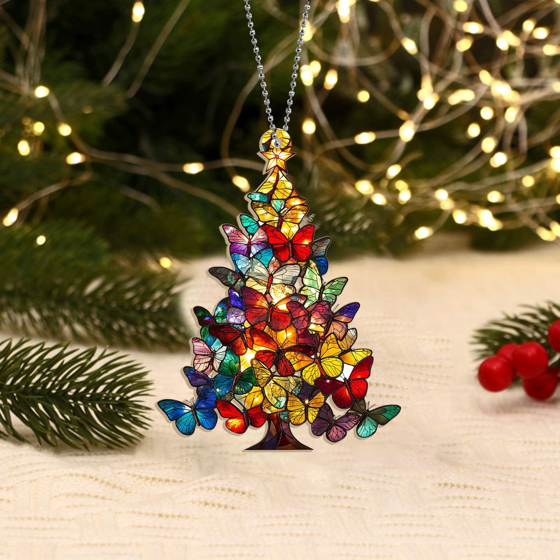 Christmas Butterflies Tree Hanging Suncatcher, Christmas Keepsake Housewarming Gift Decor