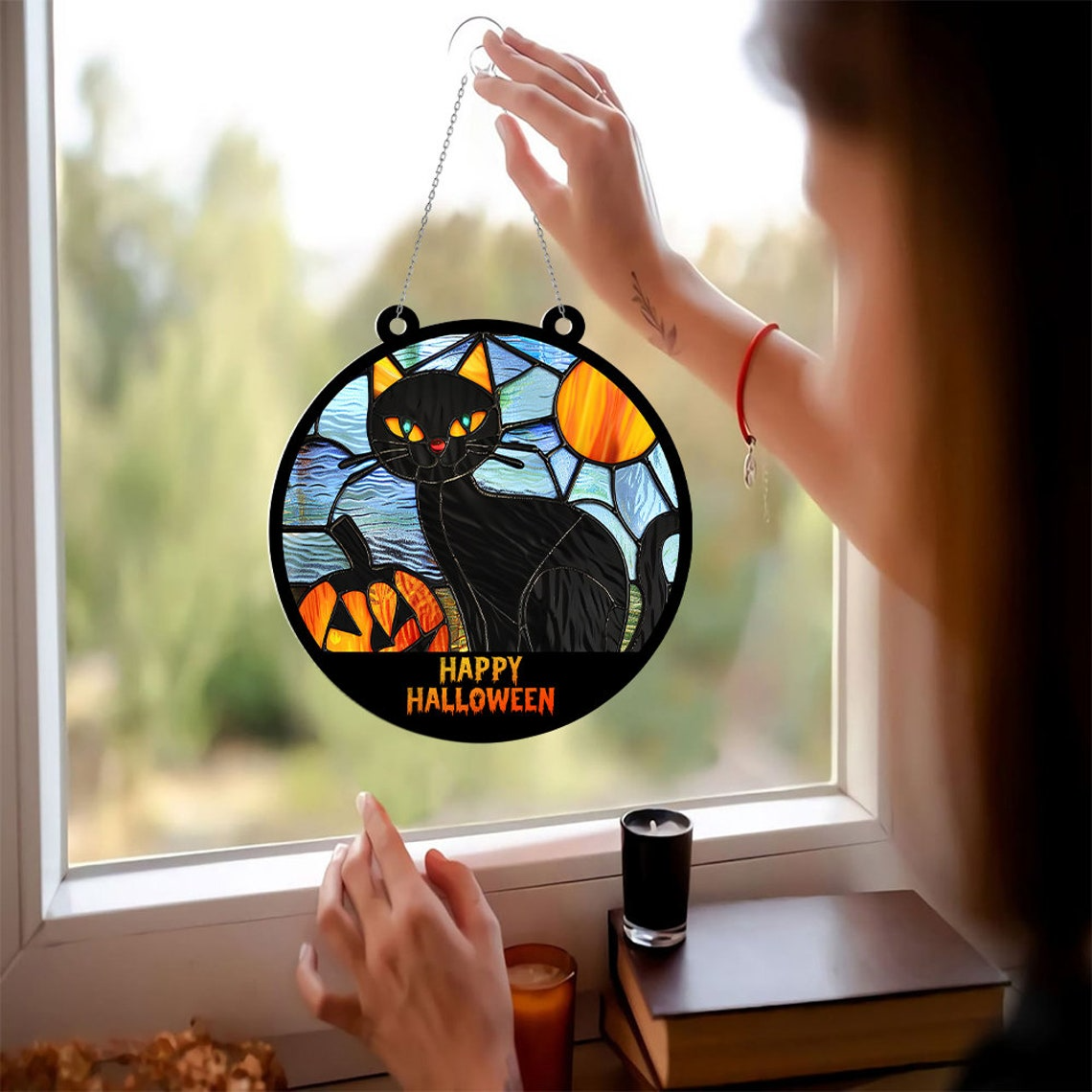 Black Cat Hanging Windows Halloween Suncatcher Ornament, Happy Halloween Black Cat Ornament