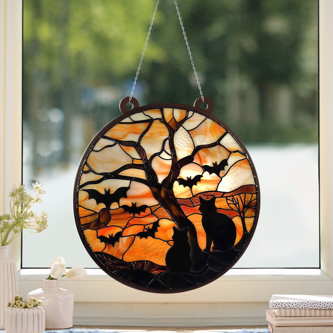 Cat Seeing Bat Halloween Night Suncatcher Ornament, Halloween Cat Pumpkin Ornament