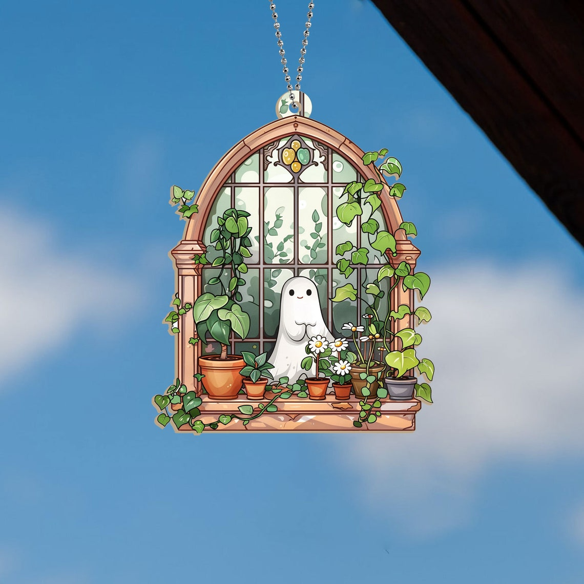 Ghost at Greenhouse Scene Suncatcher, Cute Ghost Window Hanging Decor