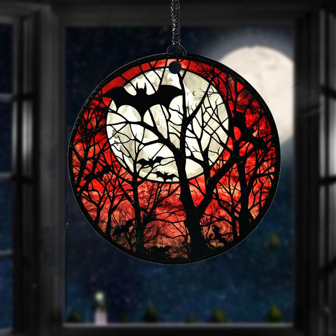 Red Sky With Bat And Moon Suncatcher, Halloween Window Hanging Ornament