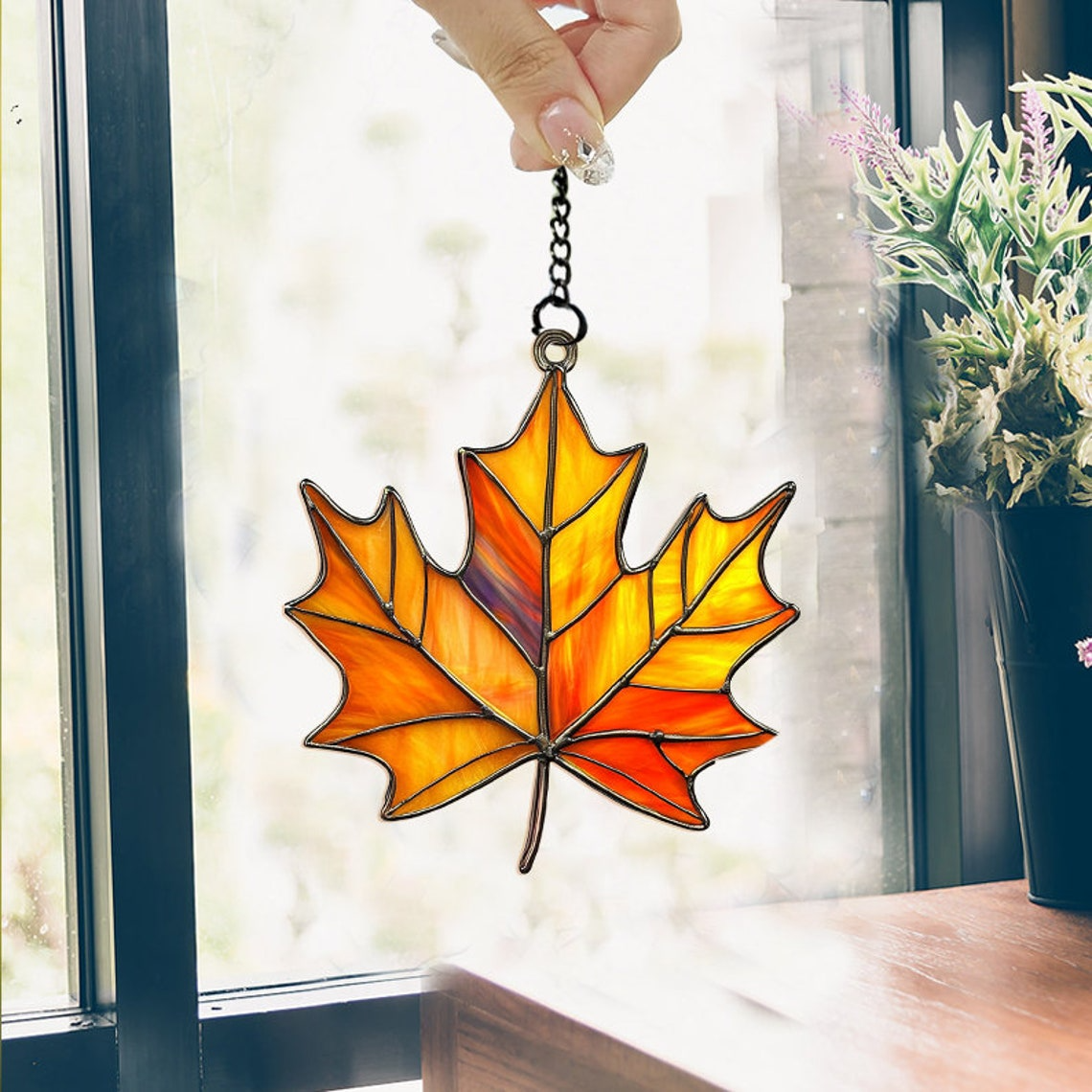 Maple Fall Leaf Suncatcher, Maple Autumn Leaf Hanging Ornament Decor