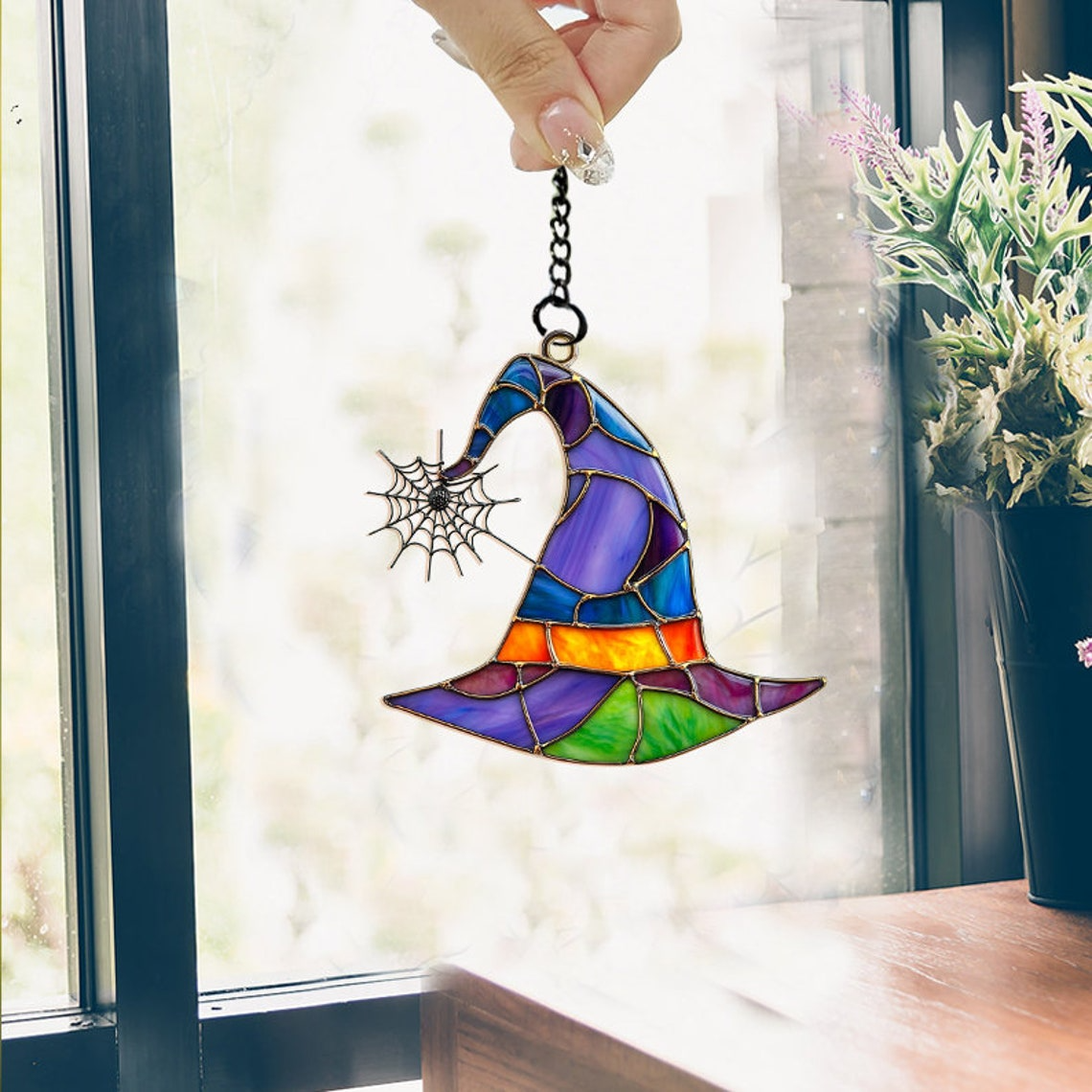 Witch Hat Halloween Hanging Suncatcher, Halloween Witchy Hat Ornament Decor Home